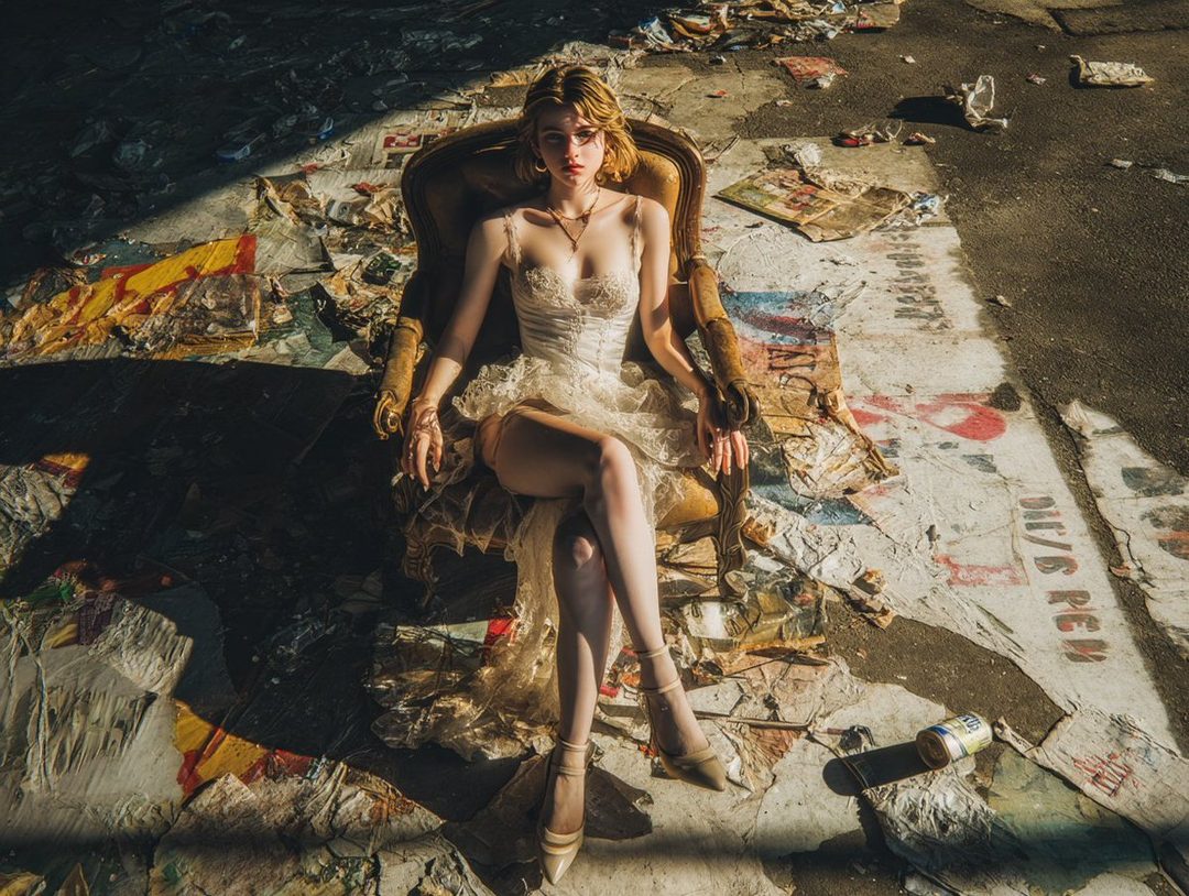 A young woman with blonde hair sits in an ornate chair in a desolate, debris-strewn outdoor setting, wearing a delicate white dress.