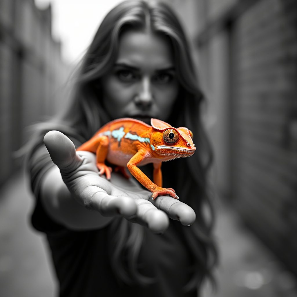 A woman holds a vibrant orange chameleon on her open palm, with a blurred urban background.