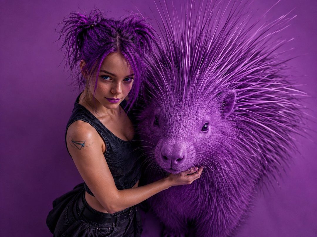 A young woman with vibrant purple hair styled in pigtails poses next to a purple porcupine in a studio setting.