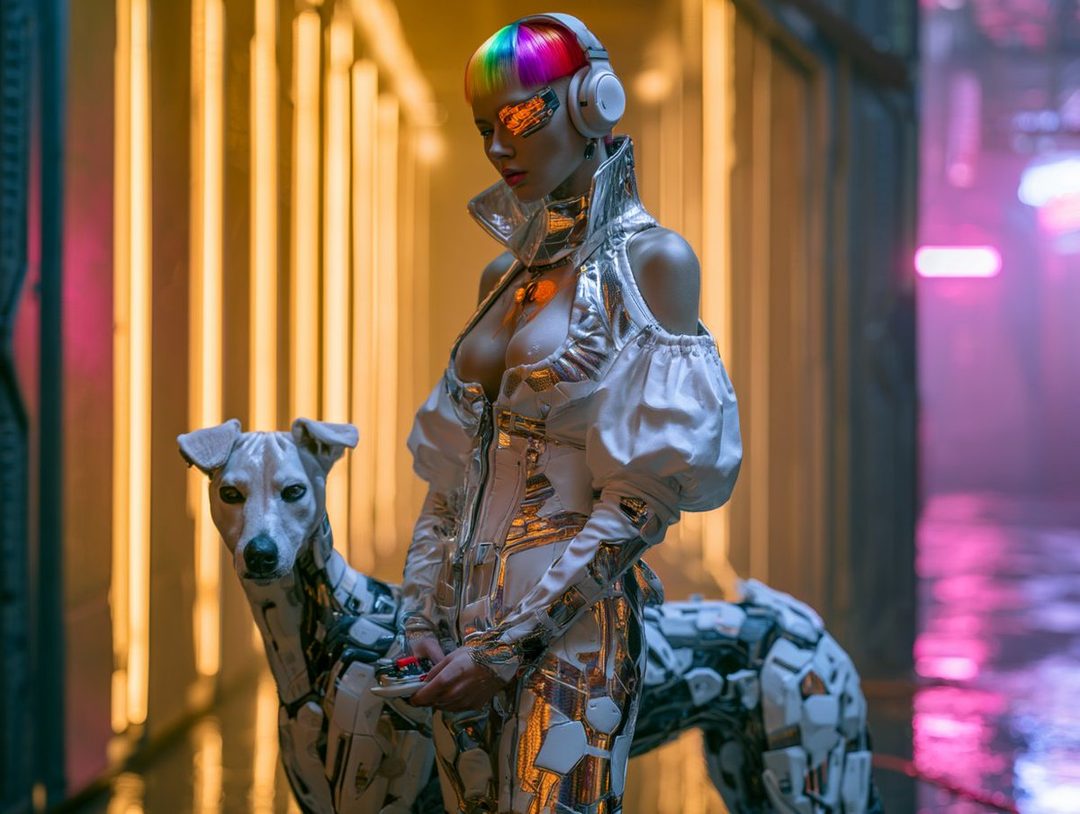 A woman with rainbow hair and futuristic cybernetic clothing stands next to a robotic dog in a neon-lit city alley.