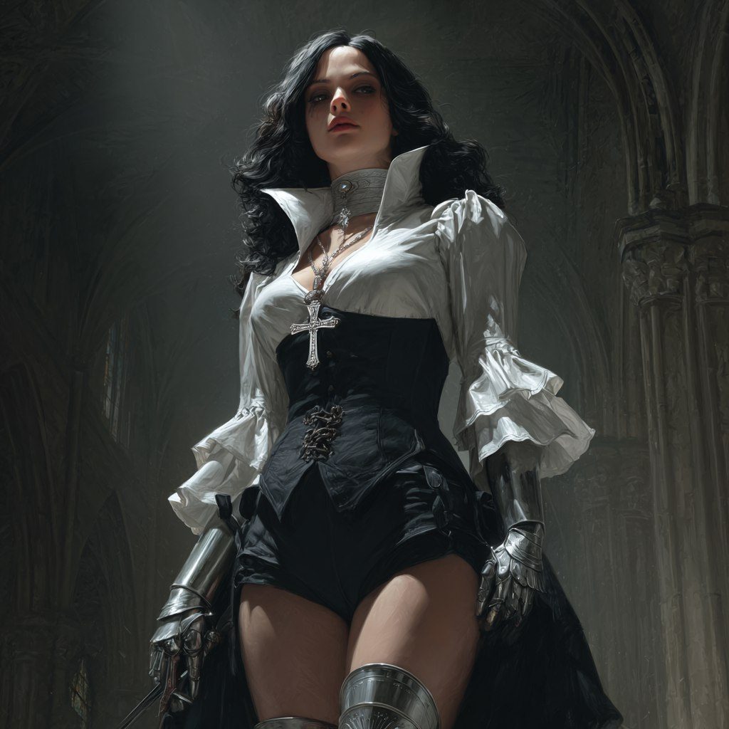 A woman with long black hair, wearing a white ruffled shirt, a black corset, and black shorts, stands in a dimly lit gothic interior.