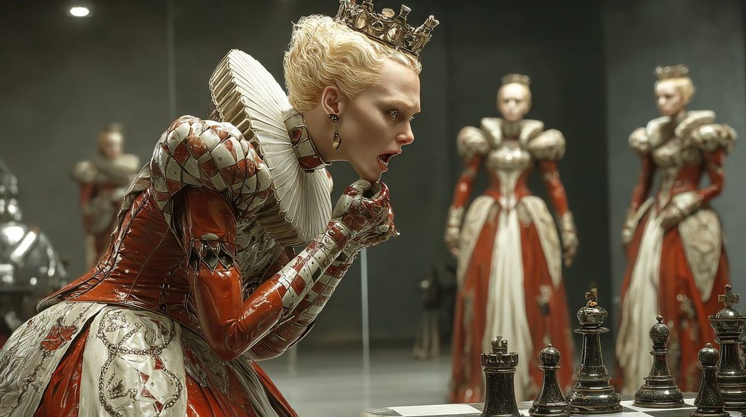 A regal woman with blonde hair and a crown, dressed in a red and white ornate gown, intensely focused on a chessboard. Two other figures in similar attire stand blurred in the background.