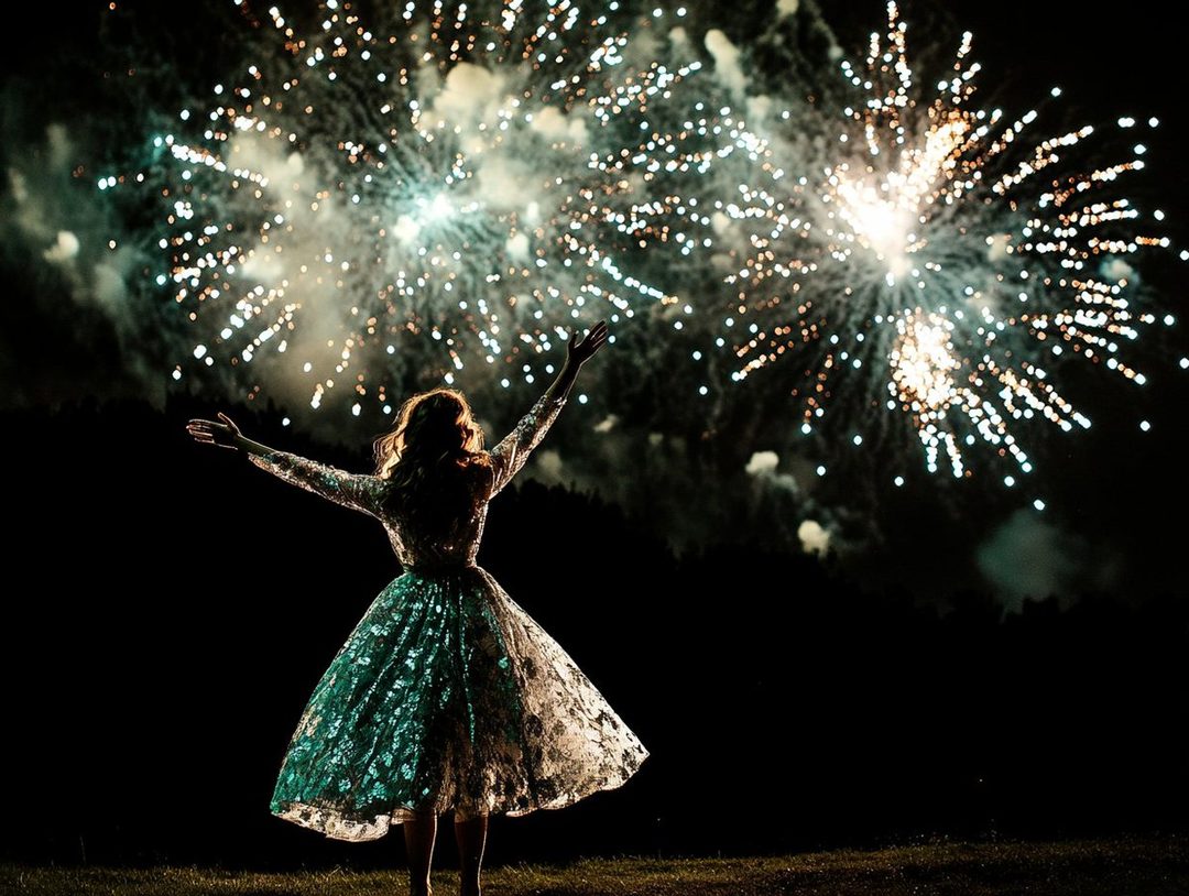 A woman in a sparkling dress stands with her arms outstretched, watching fireworks light up the night sky.