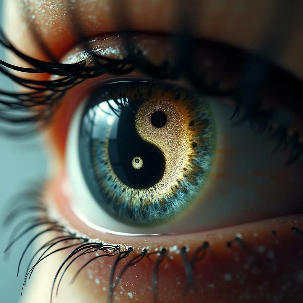 Close-up of a human eye with a golden and black yin-yang symbol in the iris.