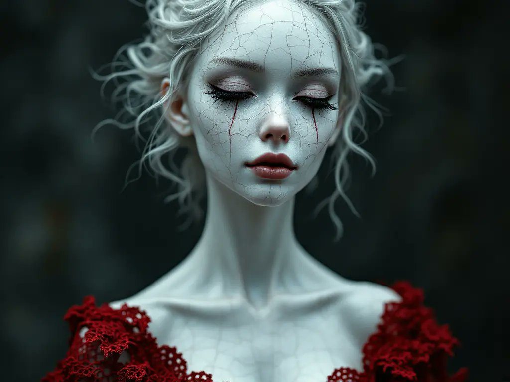 A pale-skinned woman with white hair and cracked skin, wearing a red lace dress, with her eyes closed and dramatic makeup.