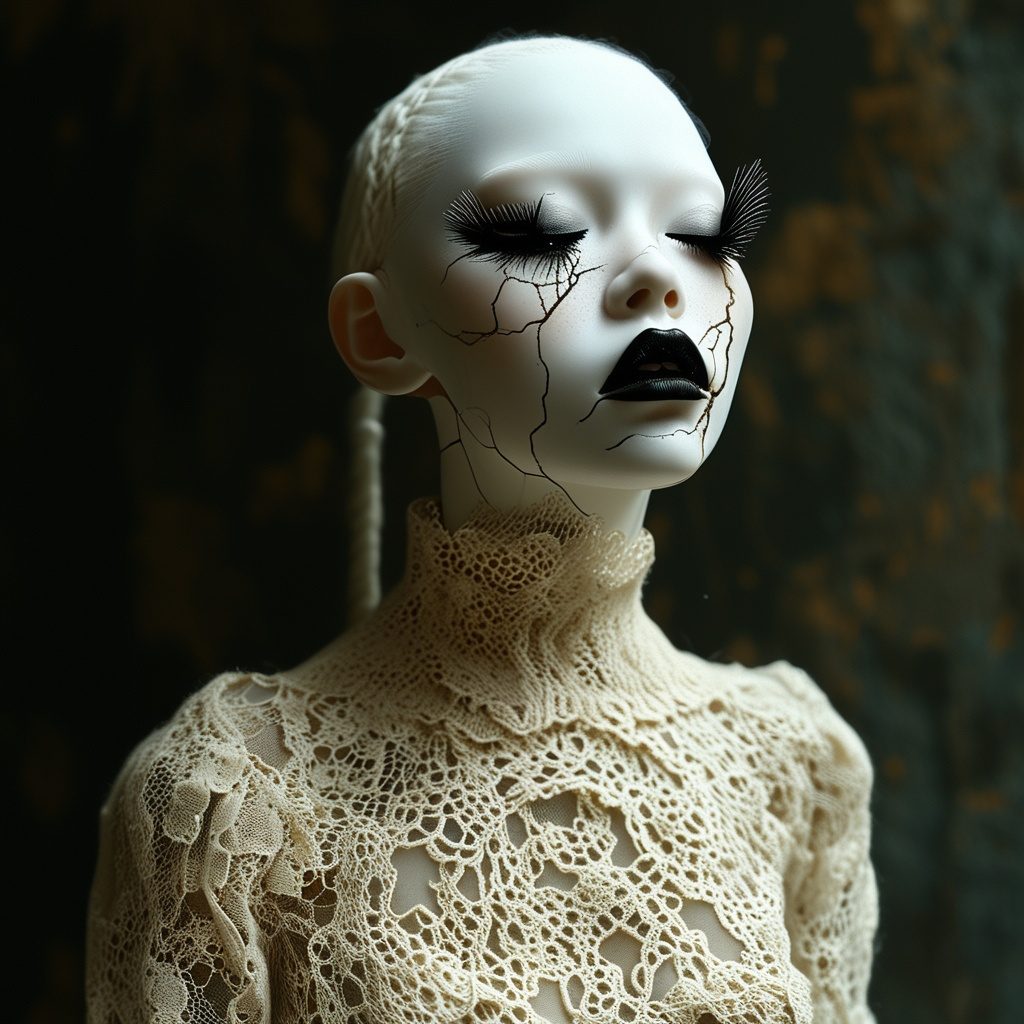 A striking AI-generated portrait of a pale-skinned figure with cracked porcelain-like skin, dramatic black lipstick, and long, spiky eyelashes, wearing an intricate cream lace top.