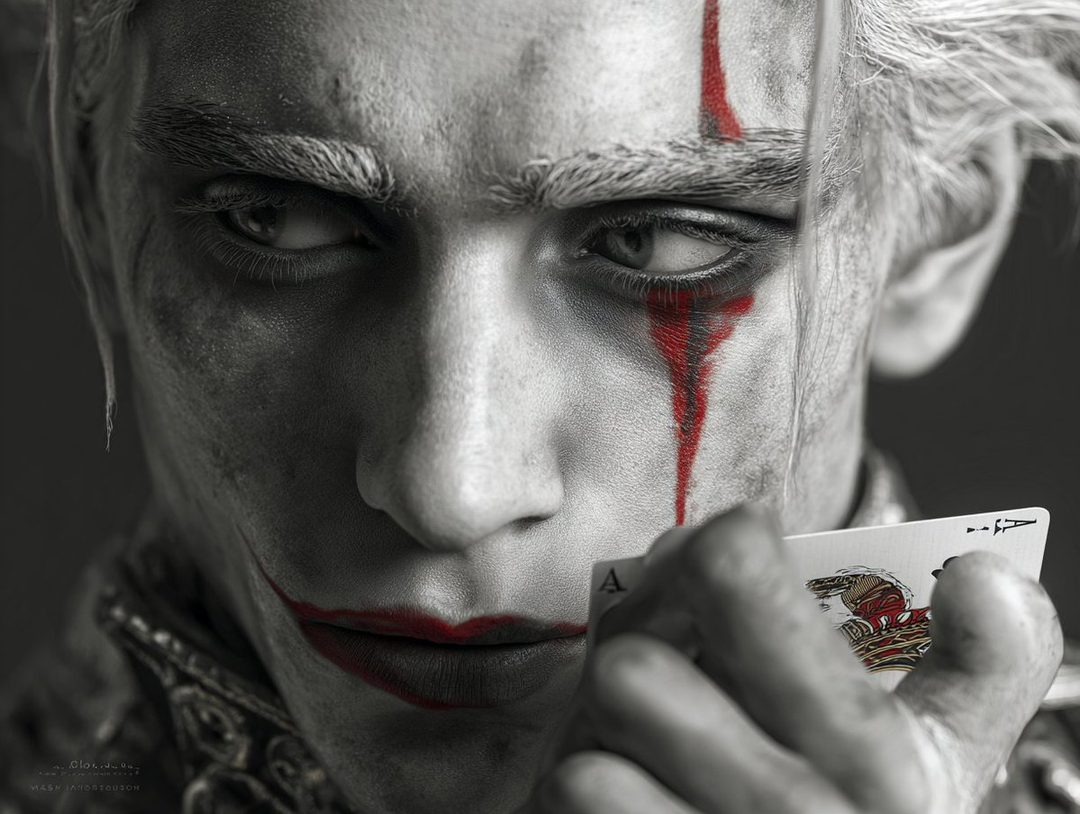 Close-up portrait of a man with white hair and clown-like makeup, holding an Ace of Spades playing card.