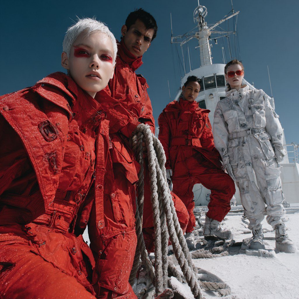 Four models in red and white snowsuits stand on a snowy deck with a ship in the background.