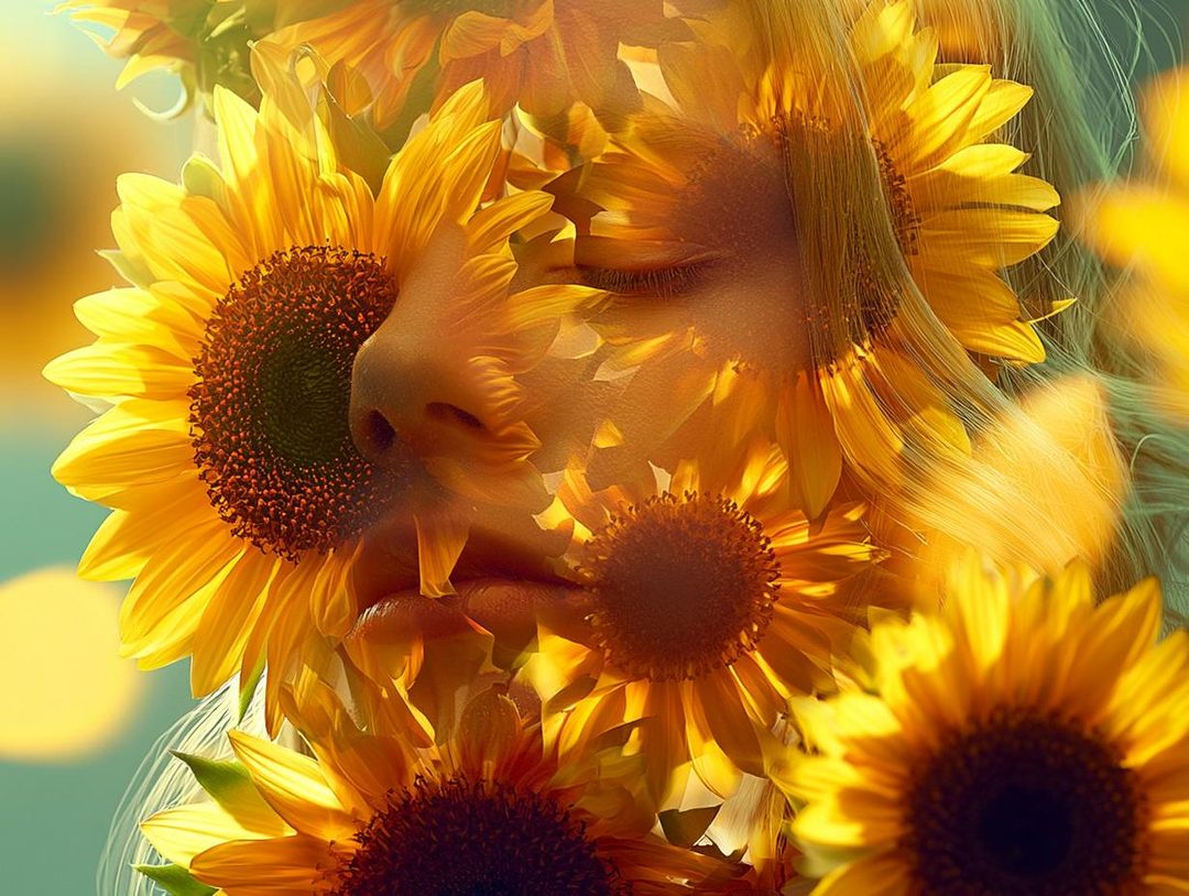 Double exposure portrait of a woman's face superimposed with sunflowers, with her eyes closed and hair flowing.