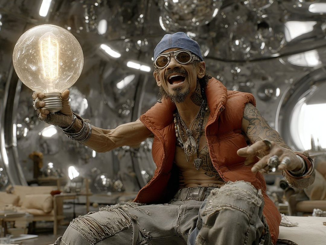 A man with tattoos and a beard, wearing a blue cap, goggles, and an orange vest, holds a glowing lightbulb.