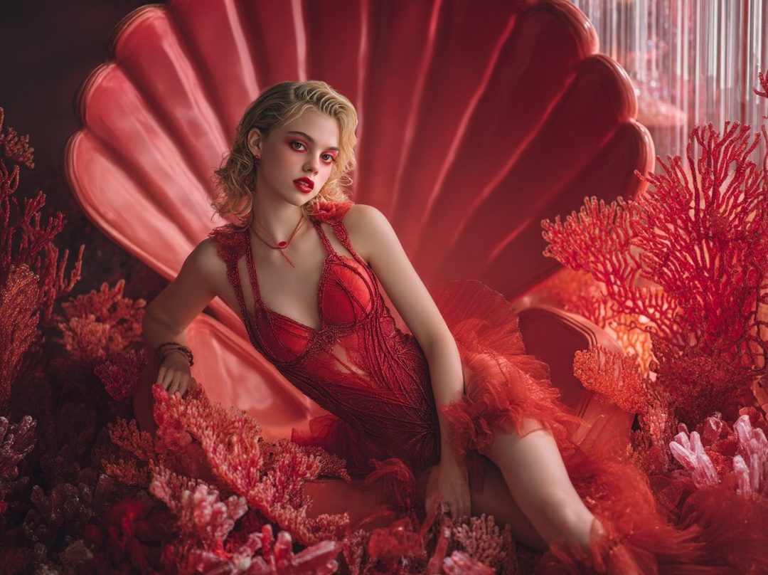A blonde woman in a red dress poses in a giant seashell surrounded by red coral.