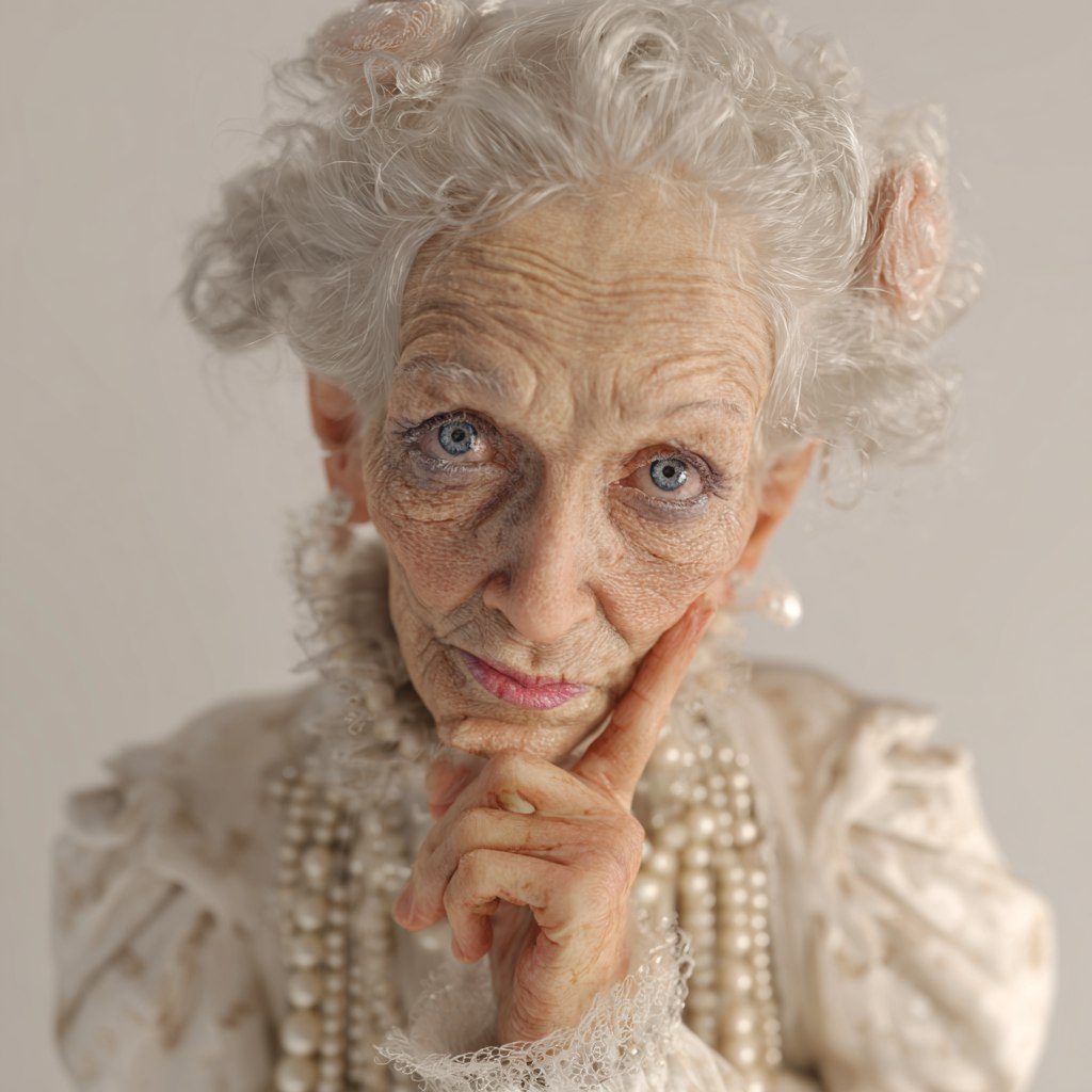 A photorealistic portrait of an elderly woman with striking blue eyes and white curly hair, wearing a pearl-adorned dress and lace collar, with her finger thoughtfully touching her chin.