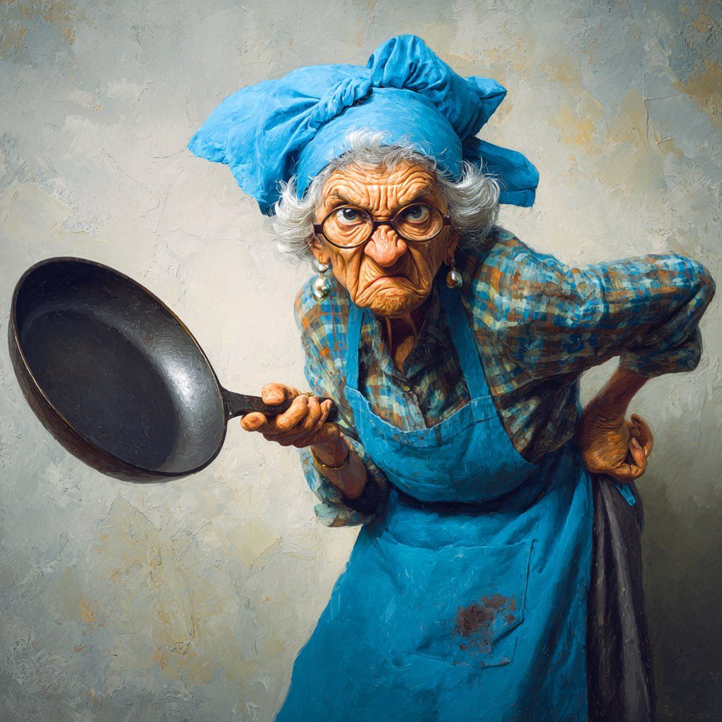 An elderly woman with a stern expression, wearing a blue headscarf and apron, holding a frying pan.
