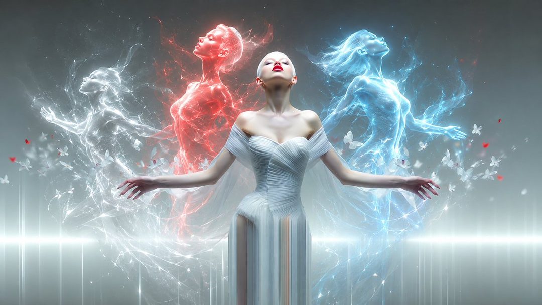 A woman in a white dress with arms outstretched, surrounded by ethereal red and blue figures and butterflies.