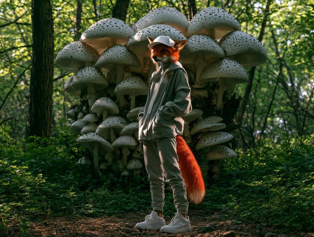 A photorealistic portrait of a fox-headed person wearing a grey tracksuit and a white cap, standing in a forest with giant mushrooms.