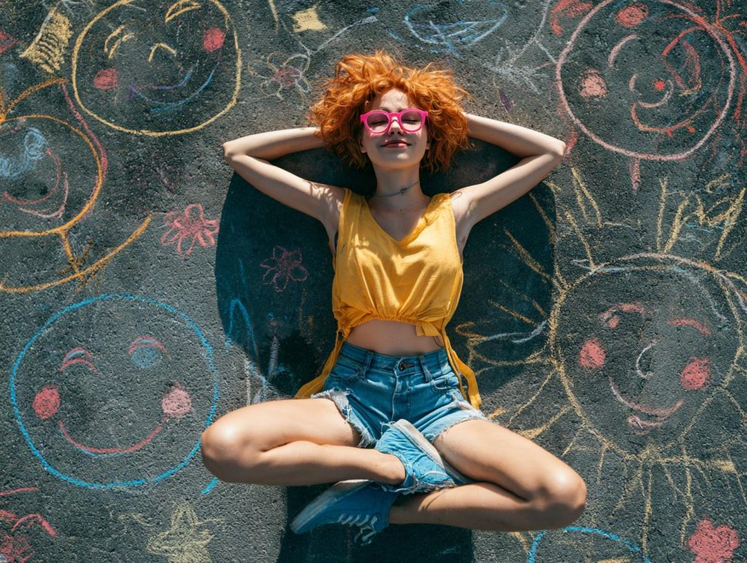 A young woman with vibrant red hair and pink glasses lies on the ground, surrounded by colorful chalk drawings of smiley faces and flowers.