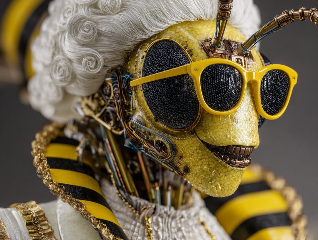 A photorealistic AI-generated portrait of a stylized bee character wearing yellow sunglasses and a white wig, with intricate mechanical details.