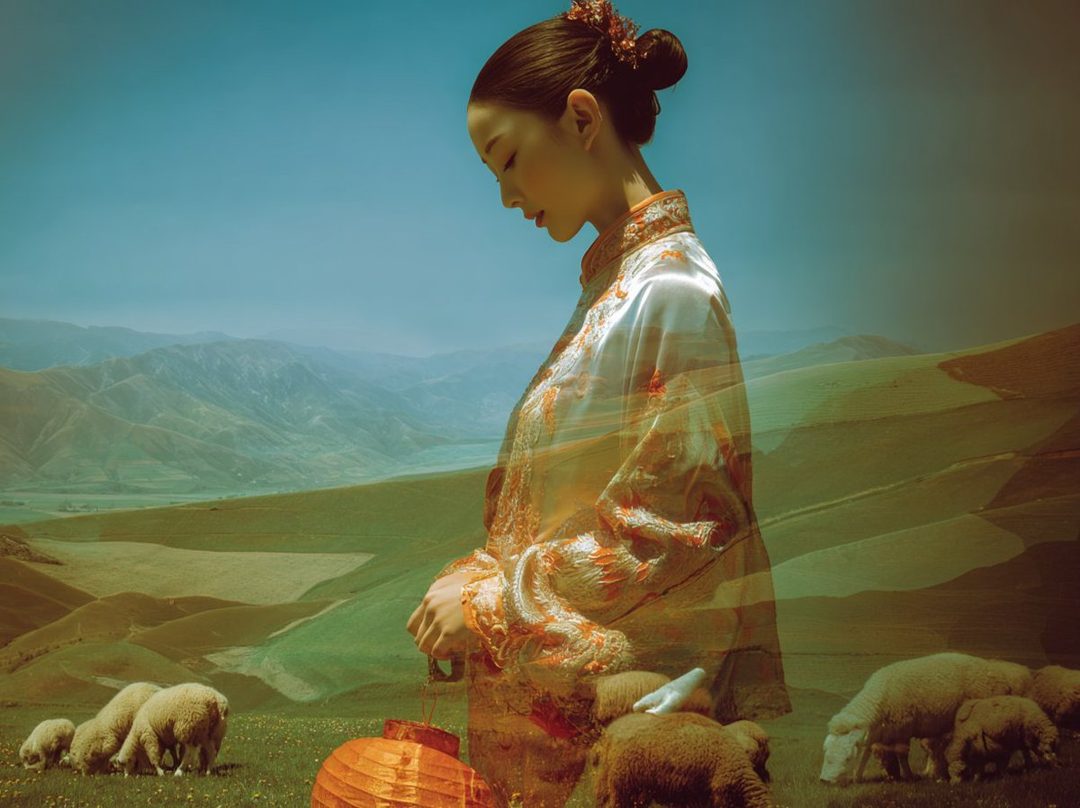 A woman in traditional Chinese clothing stands in a grassy field with sheep, with mountains in the background.