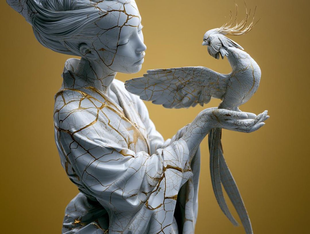 A cracked porcelain statue of an East Asian woman holding a white bird with golden accents.