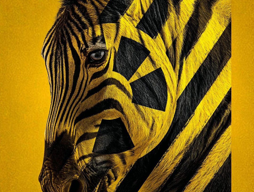 A photorealistic portrait of a zebra with yellow and black stripes, featuring a stylized symbol on its face, against a yellow background.