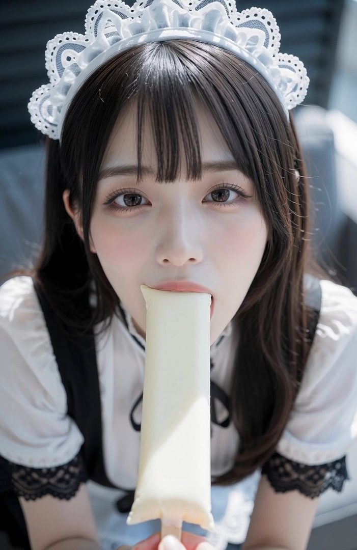 A young woman in a maid outfit eating an ice cream bar.