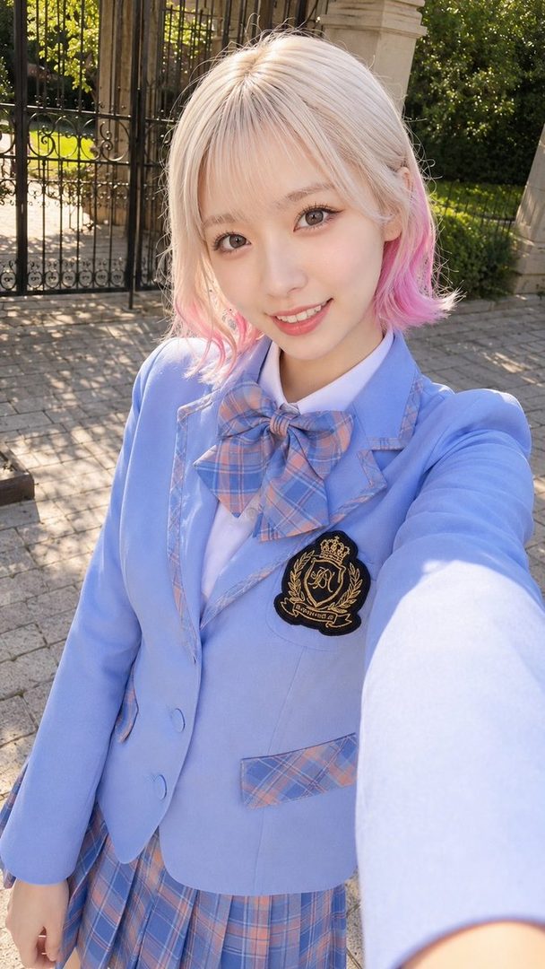 A young woman with blonde hair with pink tips, wearing a light blue school uniform blazer and plaid skirt, smiles at the camera.