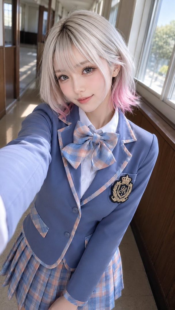 A young woman with short, blonde and pink-tipped hair, wearing a blue school uniform with a plaid skirt and bow tie, takes a selfie in a school hallway.
