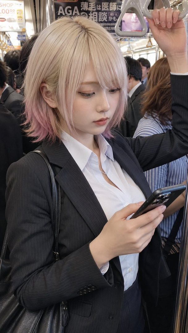 A young woman with blonde hair with pink tips, wearing a white shirt and a dark pinstripe suit, looks at her phone while riding a train.