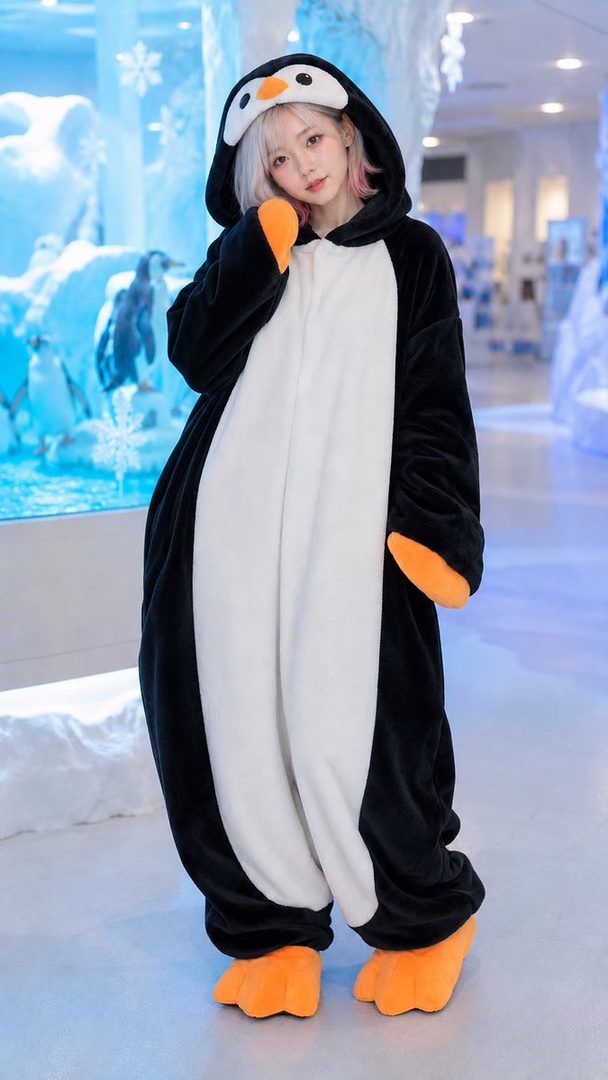 A young woman in a black and white penguin onesie stands indoors, posing playfully.