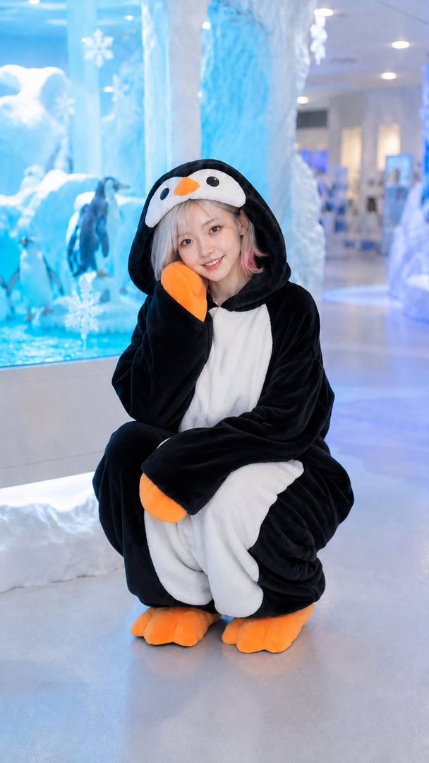 A young woman in a cute penguin kigurumi poses playfully in an indoor ice-themed exhibit.