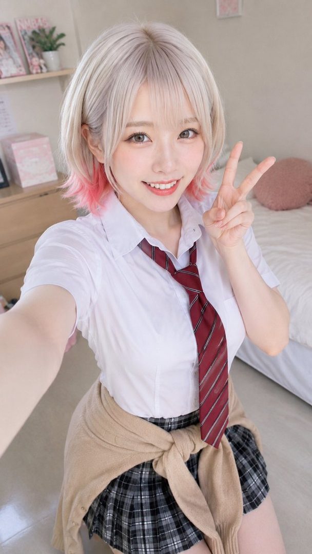 A young woman with short blonde hair with pink tips, wearing a white shirt, red tie, and plaid skirt, poses for a selfie with a peace sign.