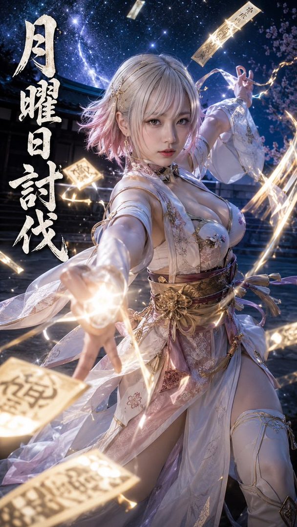 A beautiful AI-generated woman with blonde hair and pink highlights, wearing an elegant white and pink outfit, poses outdoors at night with glowing magical effects and Japanese calligraphy.