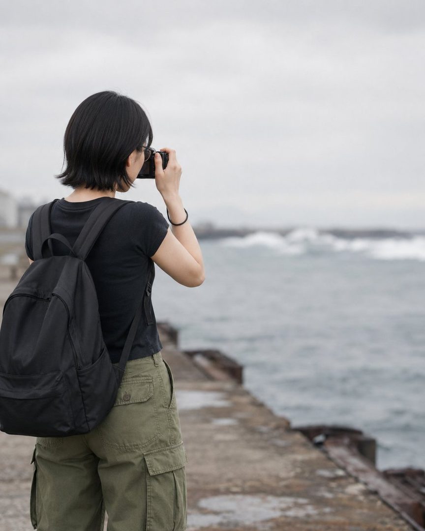 A young woman with short black hair, wearing a black t-shirt and green cargo pants, with a black backpack, takes a photo with a camera on a pier by the sea.