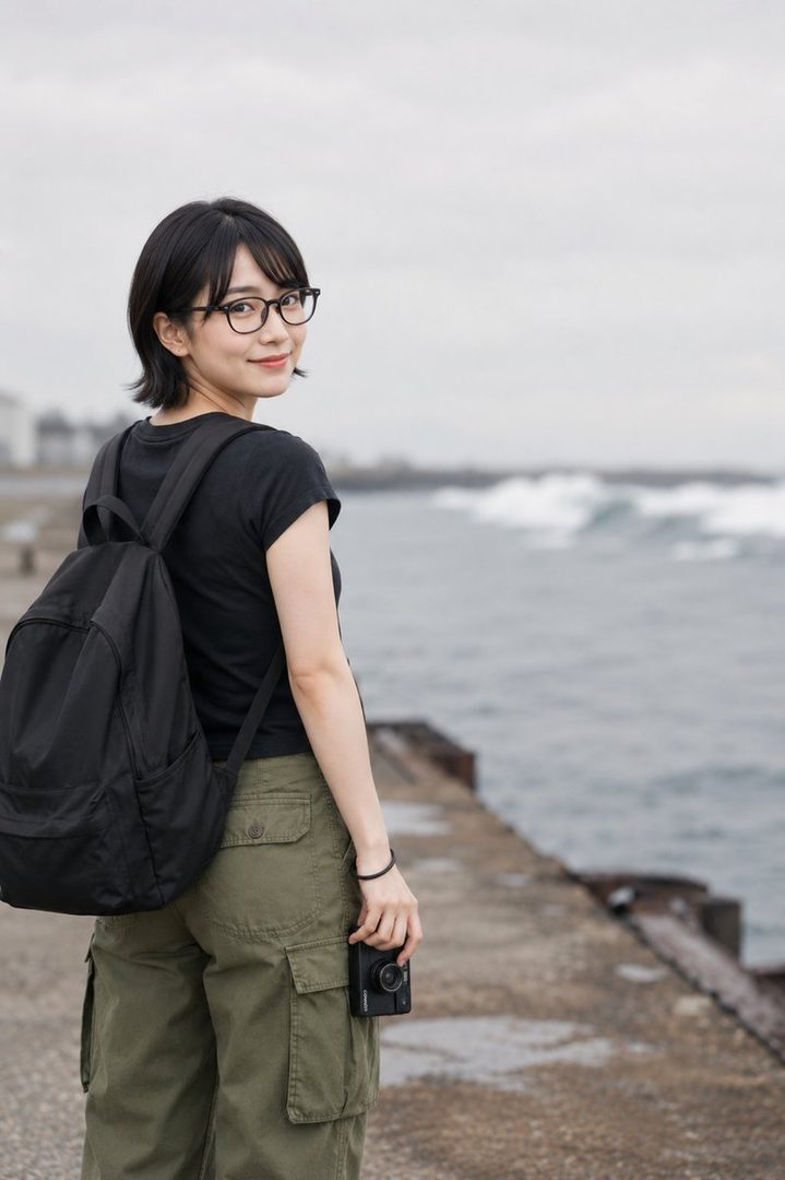 A young woman with short black hair and glasses, wearing a black t-shirt and green cargo pants, stands on a pier with a backpack and a camera, looking over her shoulder at the ocean.