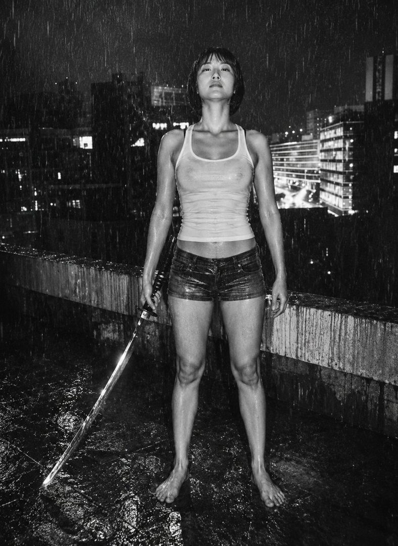 A woman in a wet tank top and shorts stands on a rooftop in the rain, holding a sword.