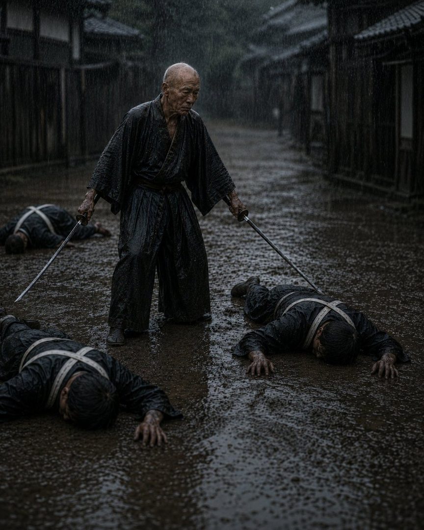 An elderly samurai stands in the rain, holding two swords, with three defeated opponents lying on the wet ground.