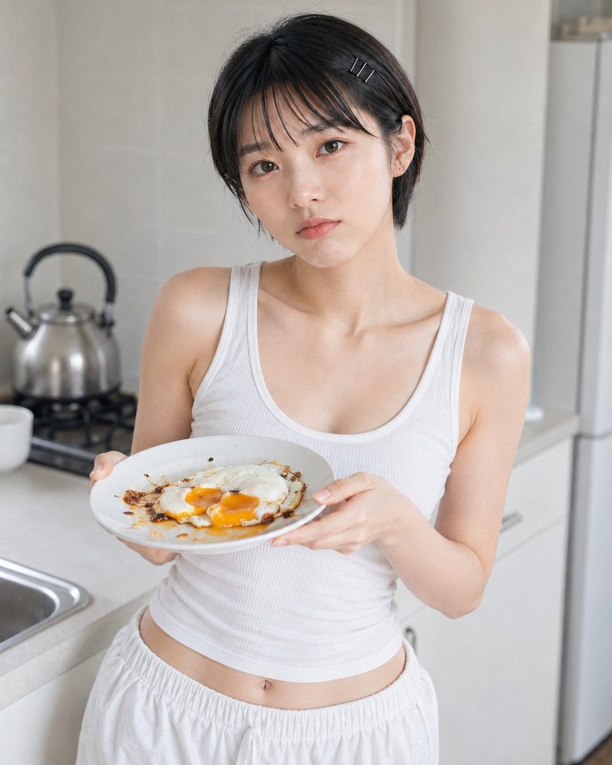 A young East Asian woman with short black hair, wearing a white tank top and white shorts, holds a plate with a fried egg in a kitchen.