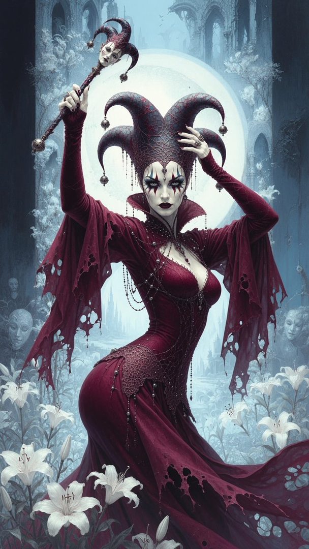 A gothic jester woman in a dark red dress and jester hat, holding a jester staff, with white lilies in the foreground.