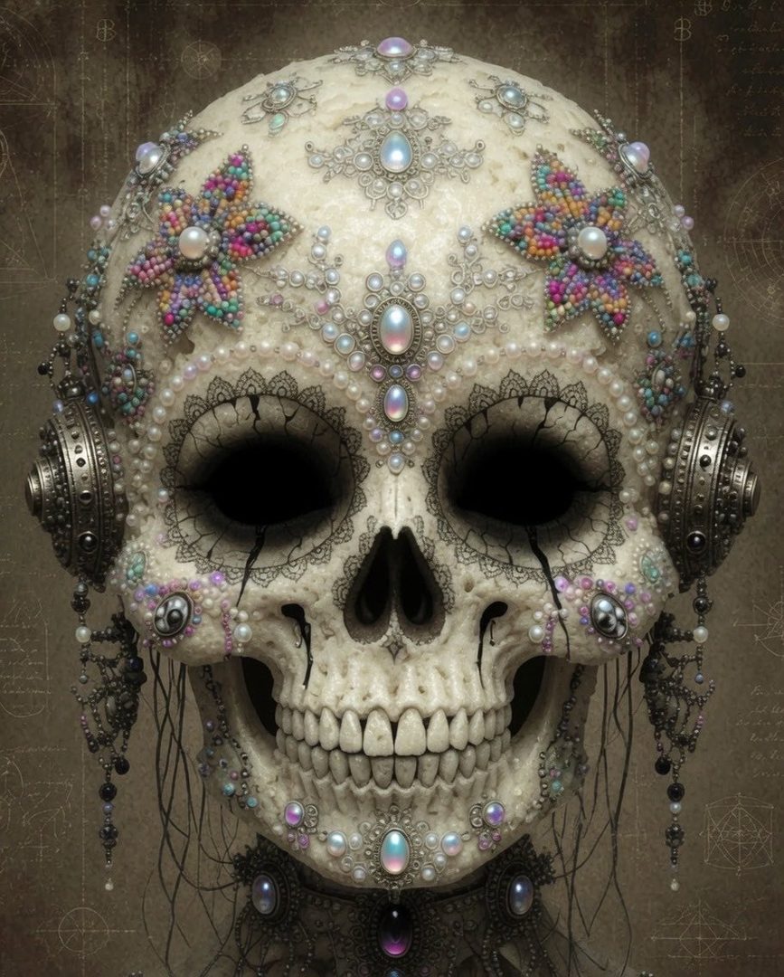 A highly decorated sugar skull with intricate pearl and gemstone embellishments, presented as a photorealistic portrait.