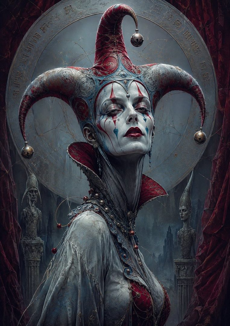 A striking AI-generated portrait of a jester with elaborate makeup and a jester's hat, set against a dark, gothic background.