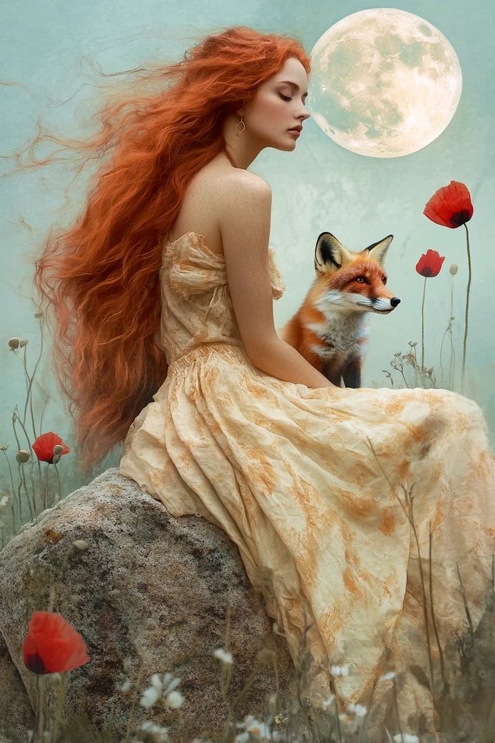 A woman with long, flowing red hair sits on a rock with a fox beside her under a large full moon, surrounded by poppies.