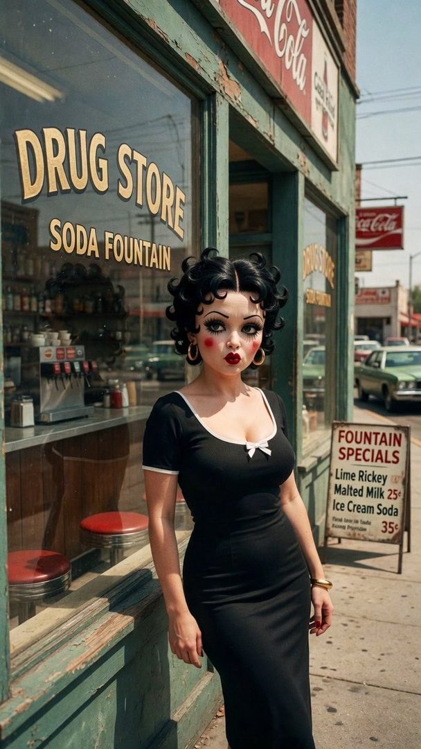 A woman dressed as Betty Boop stands in front of a vintage drug store with a soda fountain.