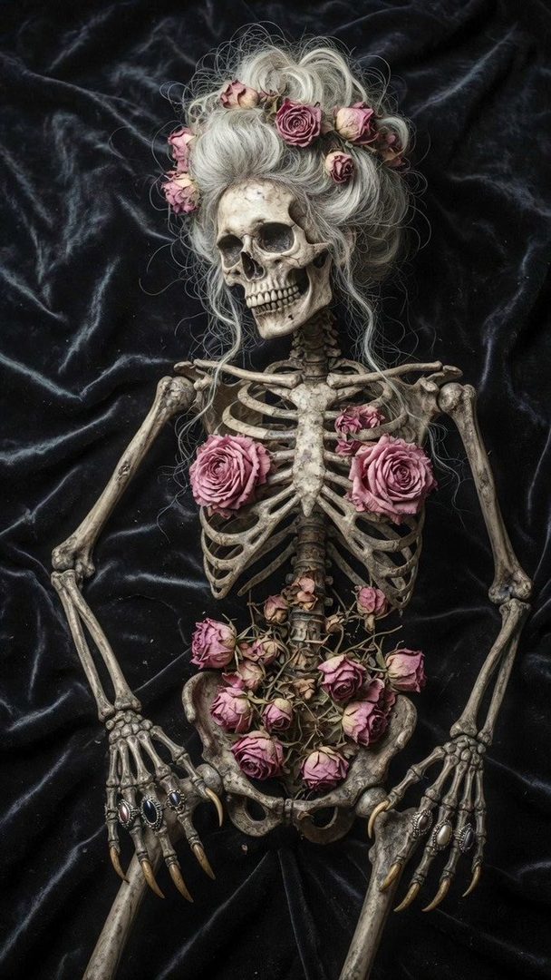 A skeleton adorned with roses, styled with a vintage wig and rings, set against a dark velvet background.