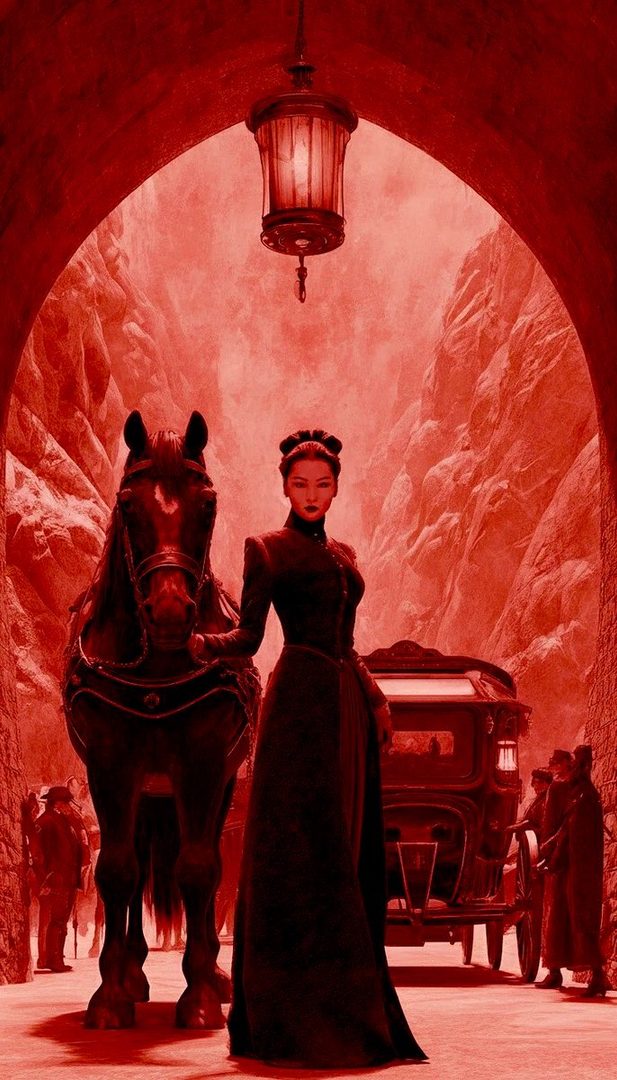 A woman in a dark dress stands next to a horse and carriage under a red archway in a dramatic, red-toned scene.