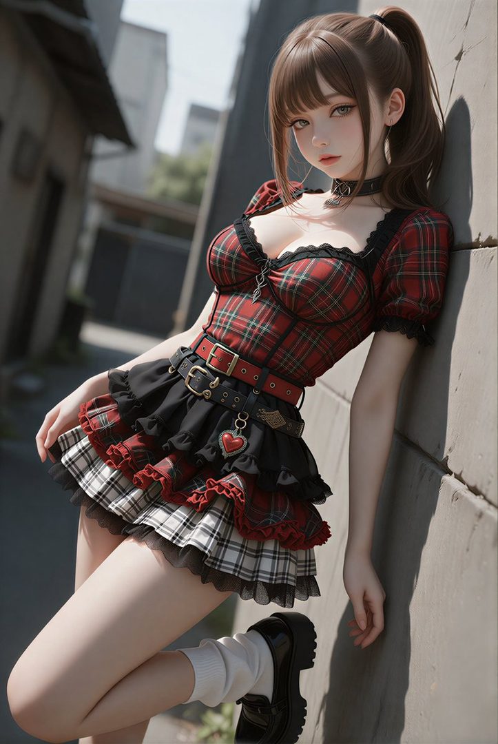 A young woman with brown hair in a ponytail, wearing a red plaid corset top and a black and plaid layered skirt, leans against a concrete wall outdoors.
