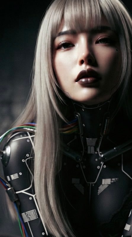 A photorealistic portrait of a woman with silver hair and bangs, wearing a futuristic cyborg-like outfit with visible wires and circuitry. She has dark lipstick and a serious expression.