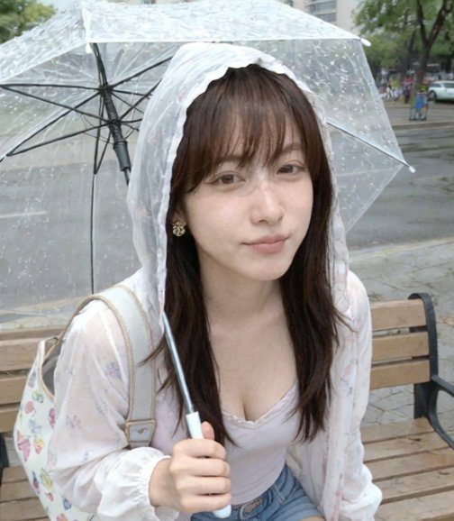 A young woman with long brown hair and bangs, wearing a light pink top and denim shorts, sits on a park bench under a clear umbrella on a rainy day.