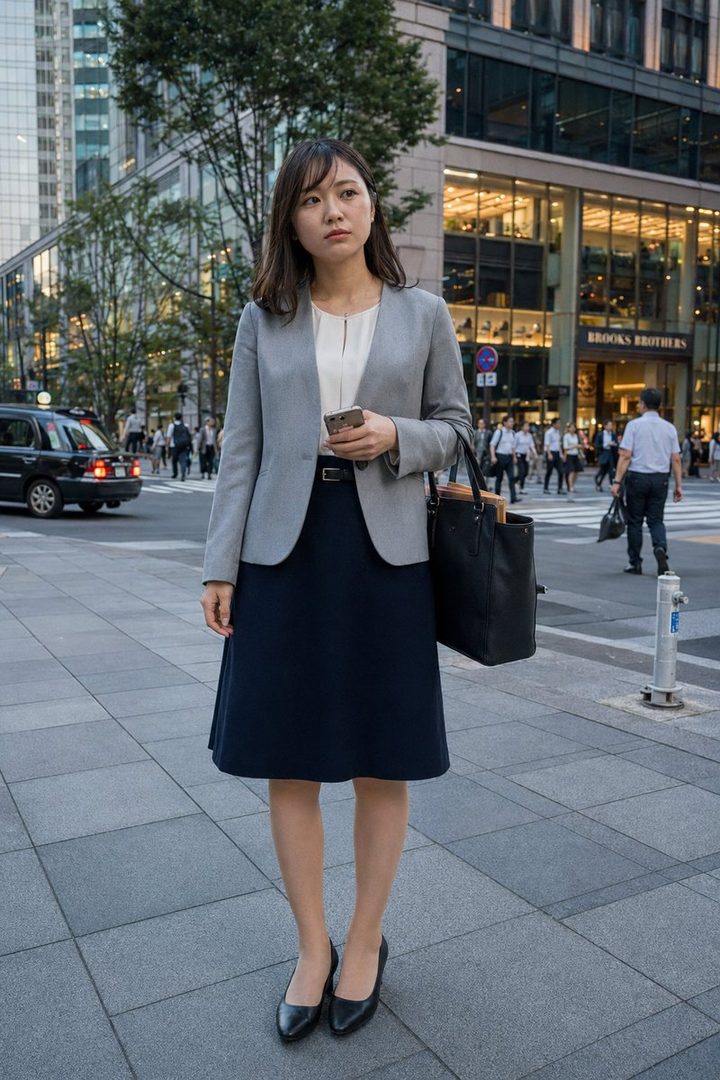 A young woman in a grey blazer and navy skirt stands on a city street, holding a smartphone and a black handbag, with buildings and people in the background.