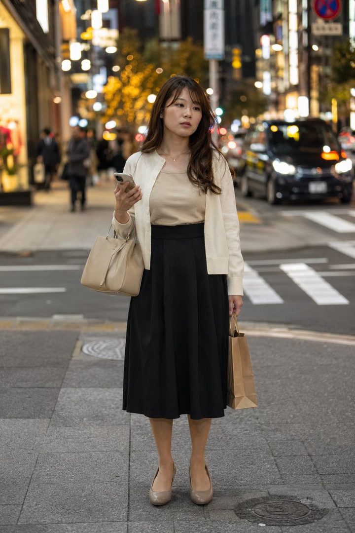 A young woman with long brown hair, wearing a beige top, white cardigan, and black midi skirt, stands on a city street at night, holding a phone and a shopping bag.