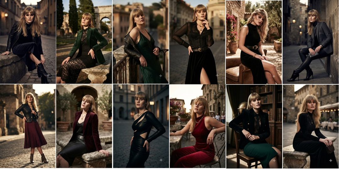 A blonde woman in various fashionable outfits poses in different outdoor settings, including streets and courtyards.